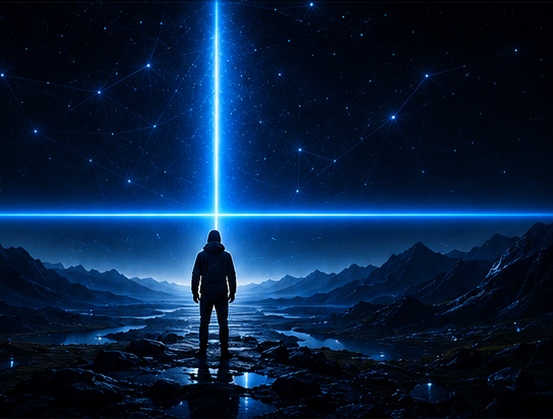 Person in futuristischer Landschaft mit blauem Lichtstrahl